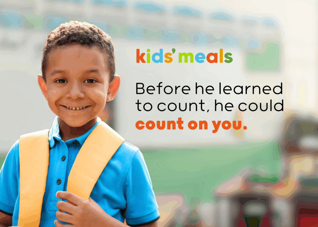 Kindergarten-aged little boy is wearing a backpack. Overlayed is text that says, "Before he learned to count, he could count on you."