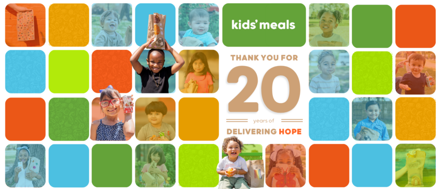A colorful graphic shows young children holding decorated lunch bags delivered by Kids' Meals. It reads, "Thank you for 20 years of delivering hope."
